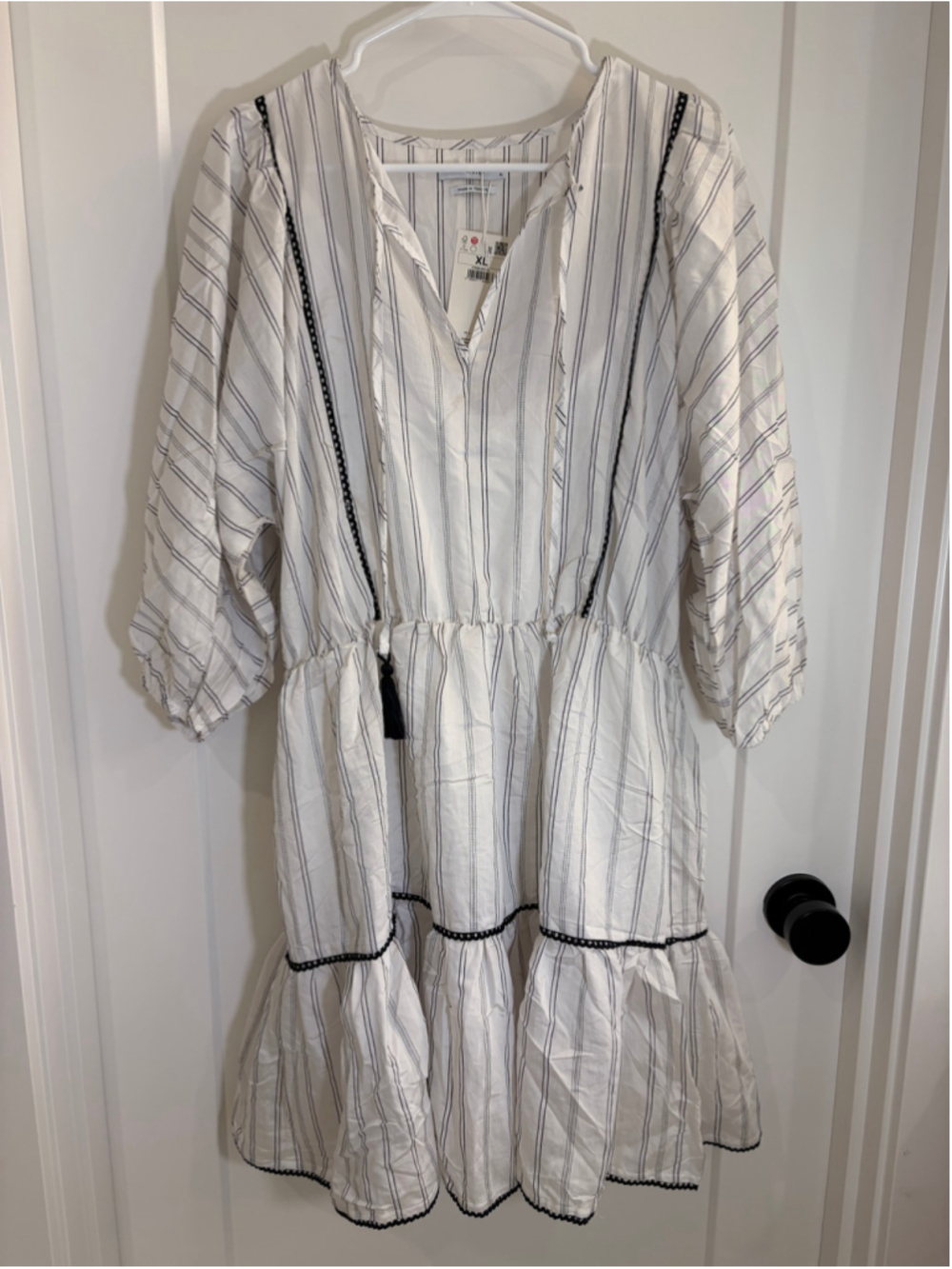 Reserved Striped Boho Tiered Mini Dress Size XL NWT Tassel Neck White Navy